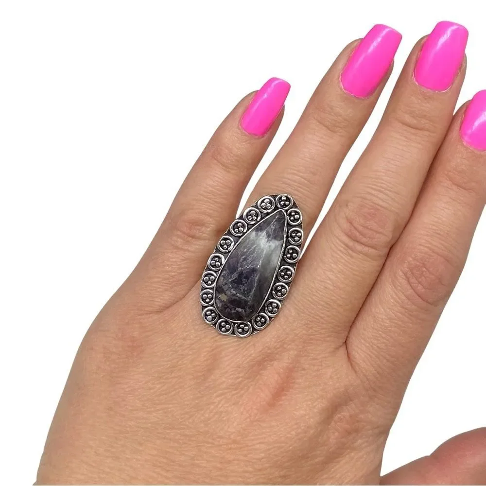Raw Rough Chevron Amethyst Ring Size 7.5 925 Sterling Silver Overlay